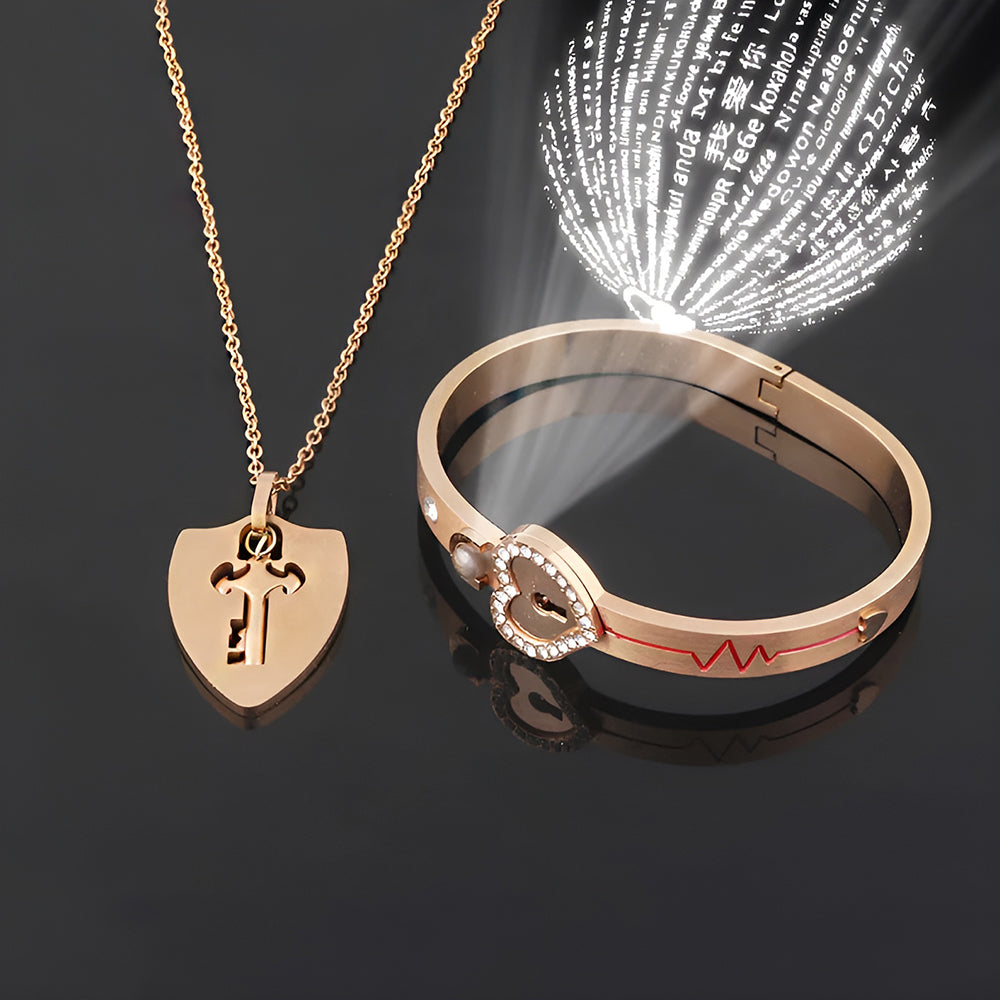 Lock Bracelet and Key Necklace Set Rose Gold Plated