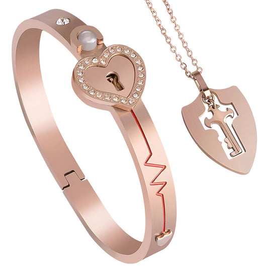 Lock Bracelet and Key Necklace Set Rose Gold Plated