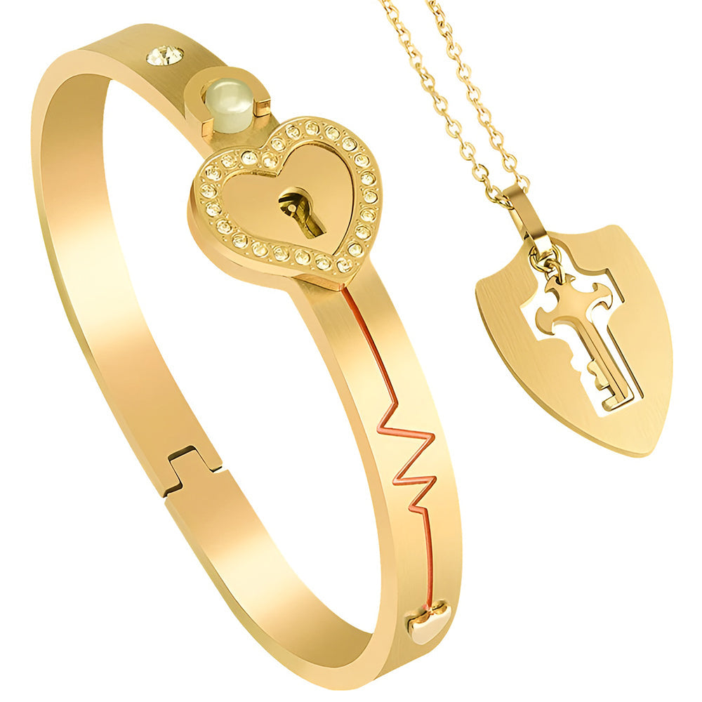 Lock Bracelet and Key Necklace Set Gold Plated