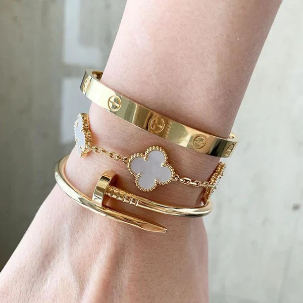 Cartier Love & Nail Bangle With White Clover Bracelet Stack Trio set