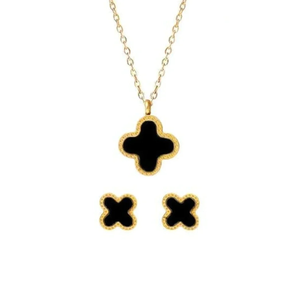 Four Leaf Clover Pendant With Ear Studs (Black) 2Pcs Set