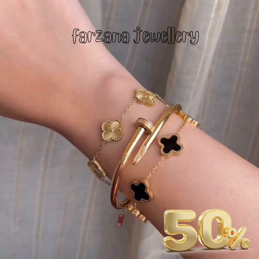 Cartier Nail Bangle With Golden & Black Clover Bracelet Stack Trio set