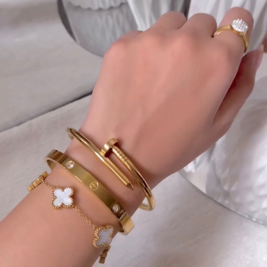 Cartier Love & Nail Bangle With White Clover Bracelet Stack Trio set