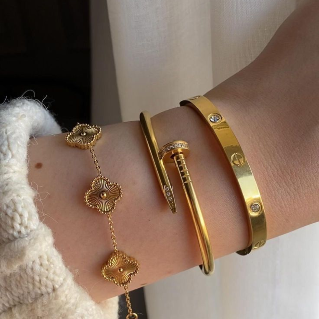 Cartier Love & Nail Bangle With Golden Clover Bracelet Stack Trio set